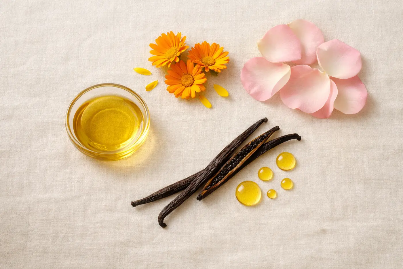 Jojoba-olie, calendula en rozenblaadjes op linnen
